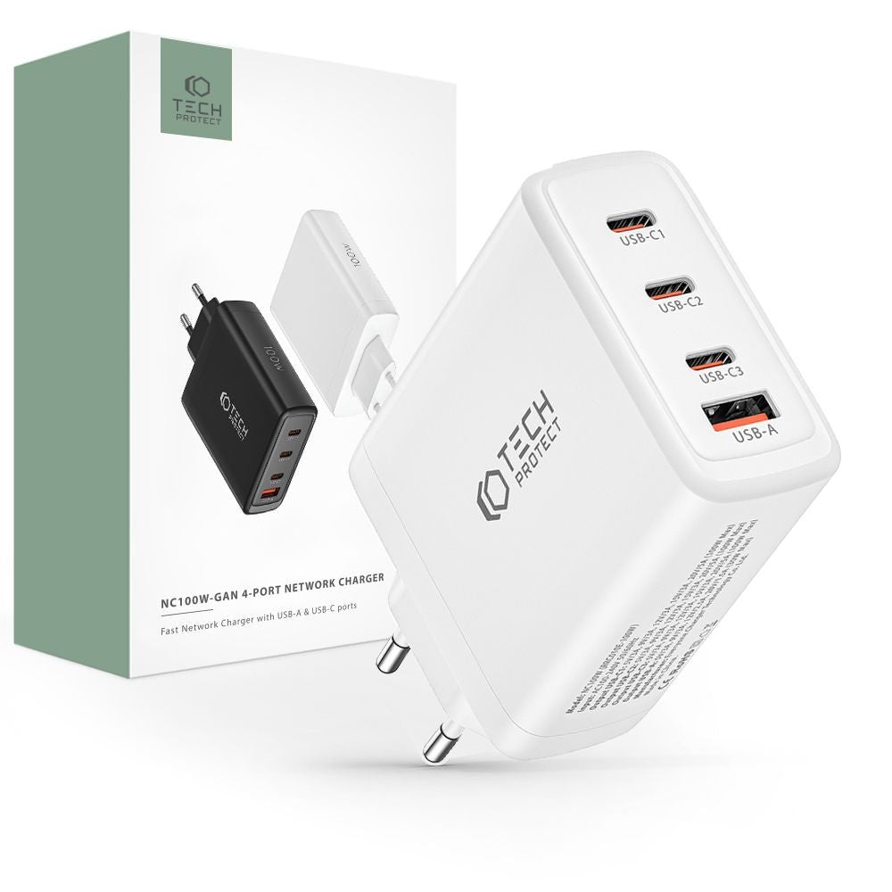 Tech - Protect NC100W - GAN 4 QC3.0 Οικιακός Φορτιστής Γρήγορης Φόρτισης με 3 Θύρες Type C και 1 Θύρα USB - White