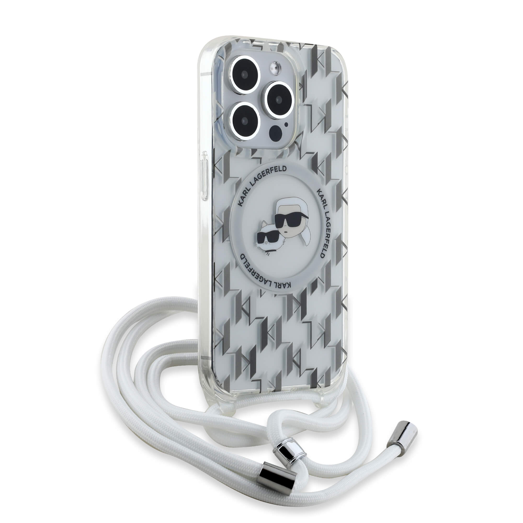 Karl Lagerfeld iPhone 15 Pro Max - IML Crossbody Monogram Karl and Choupette Head - MagSafe Σκληρή Θήκη με Πλαίσιο Σιλικόνης και Λουράκι - Διάφανη - KLHMP15XHCKCKLCT