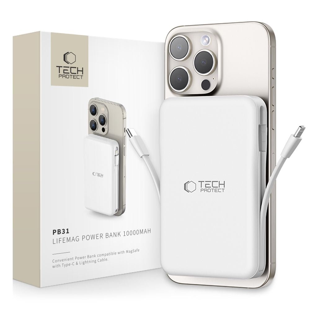 Tech - Protect PB31 Lifemag Ασύρματο MagSafe PowerBank Κινητού 10000 mAh με Ενσωματωμένο Καλώδιο Type - C και Lightning - White