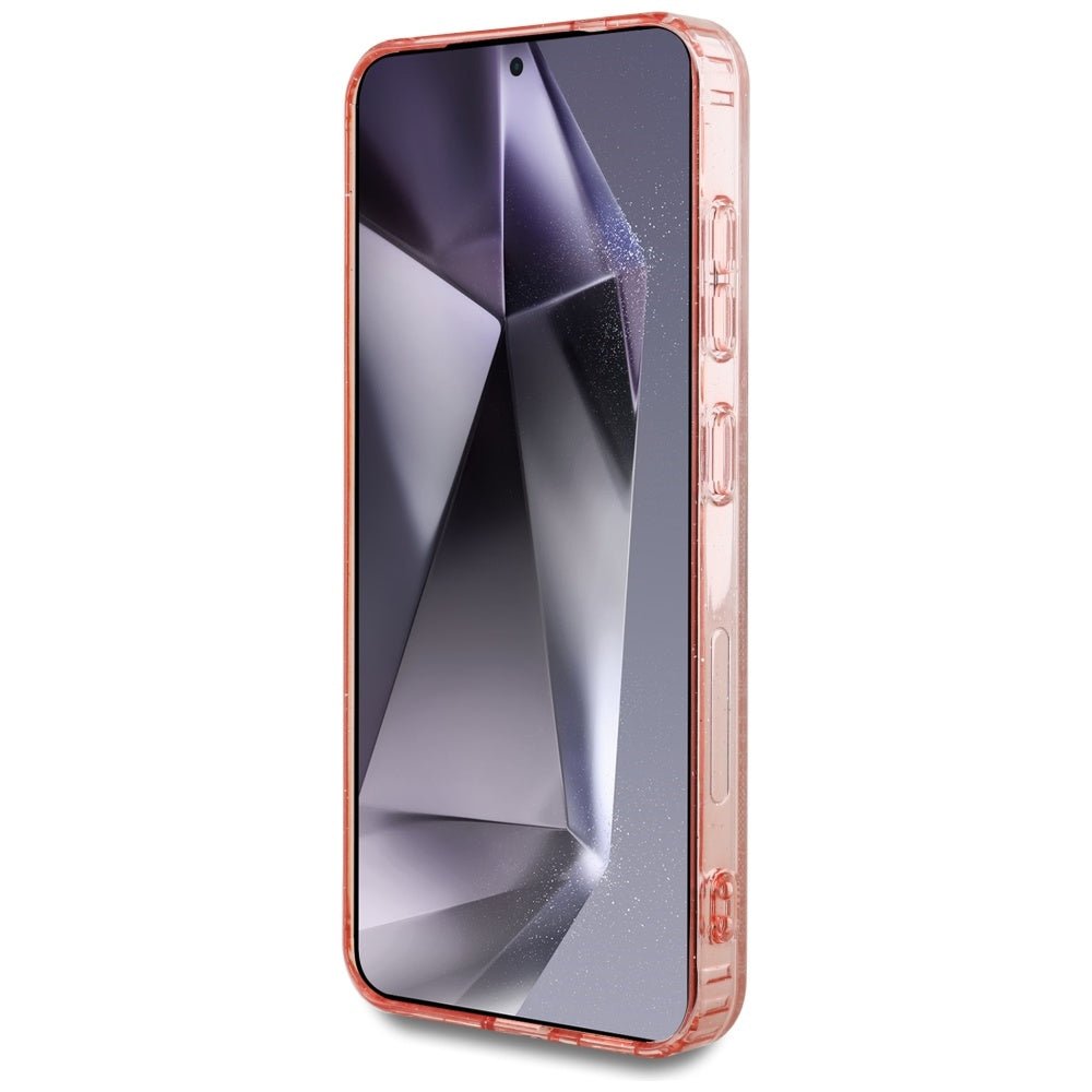 Guess Samsung Galaxy S25 - 4G Glitter Triangle Buttons - MagSafe Σκληρή Θήκη με Πλαίσιο Σιλικόνης - Pink - GUHMS25SHG4PRTGP