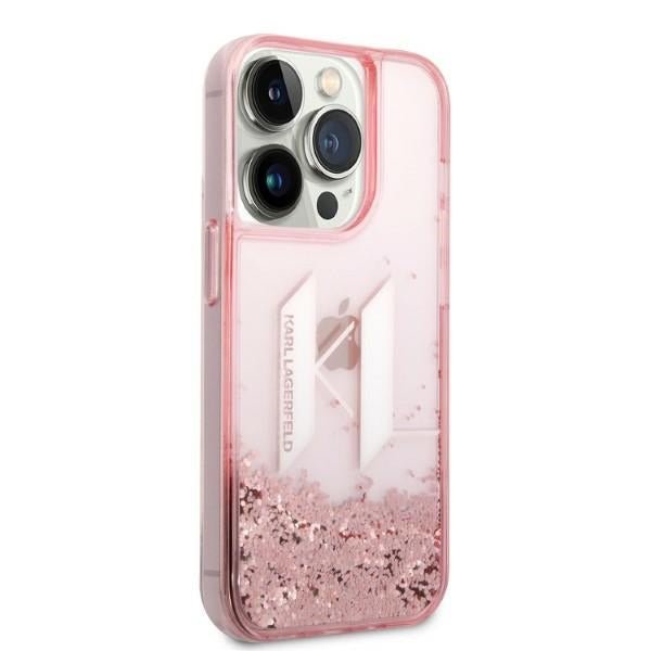 Karl Lagerfeld iPhone 14 Pro - Liquid Glitter Big KL Σκληρή Θήκη με Πλαίσιο Σιλικόνης - Διάφανη / Pink - KLHCP14LLBKLCP