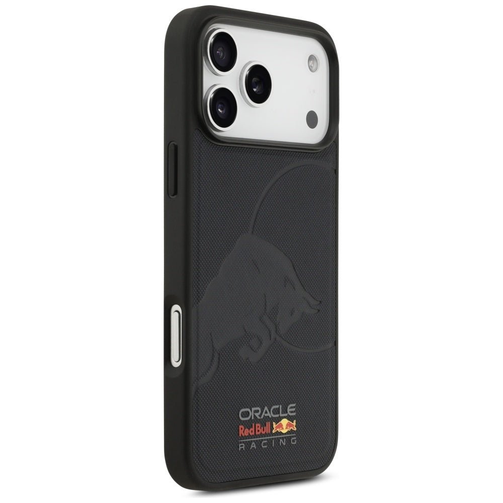 Red Bull iPhone 17 Pro Max - Σκληρή Θήκη με Επένδυση Συνθετικού Δέρματος και Πλαίσιο Σιλικόνης - Meshed Debossed Bull MagSafe - Navy