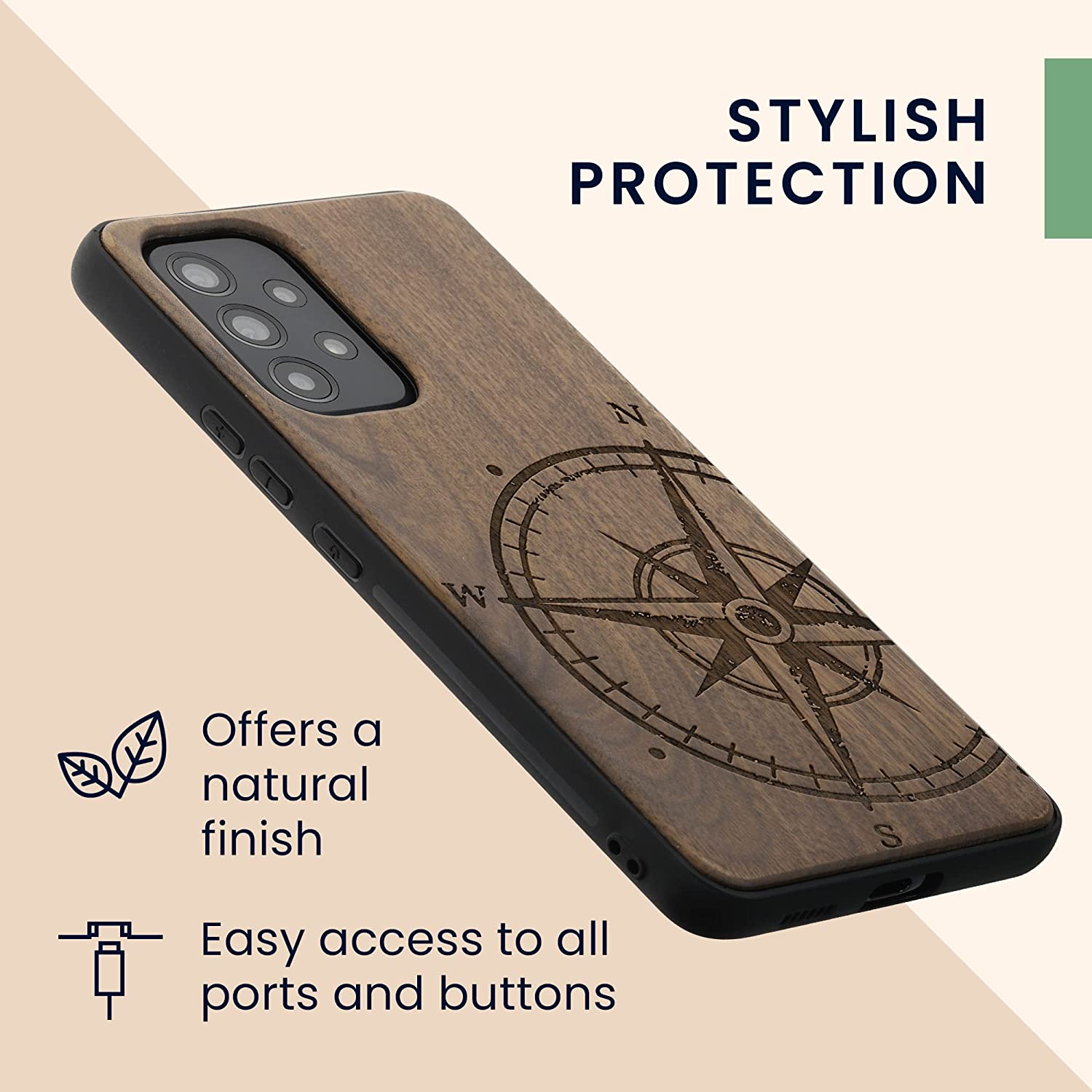 KW Samsung Galaxy A53 5G Θήκη από Φυσικό Ξύλο - Design Navigational Compass - Dark Brown - 58317.02