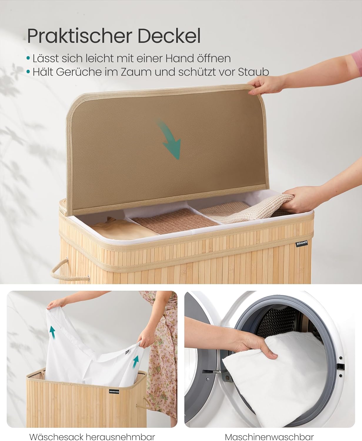 Songmics Καλάθι Απλύτων από Μπαμπού με 3 Διαμερίσματα - 150L - Natural Beige - LCB062N01