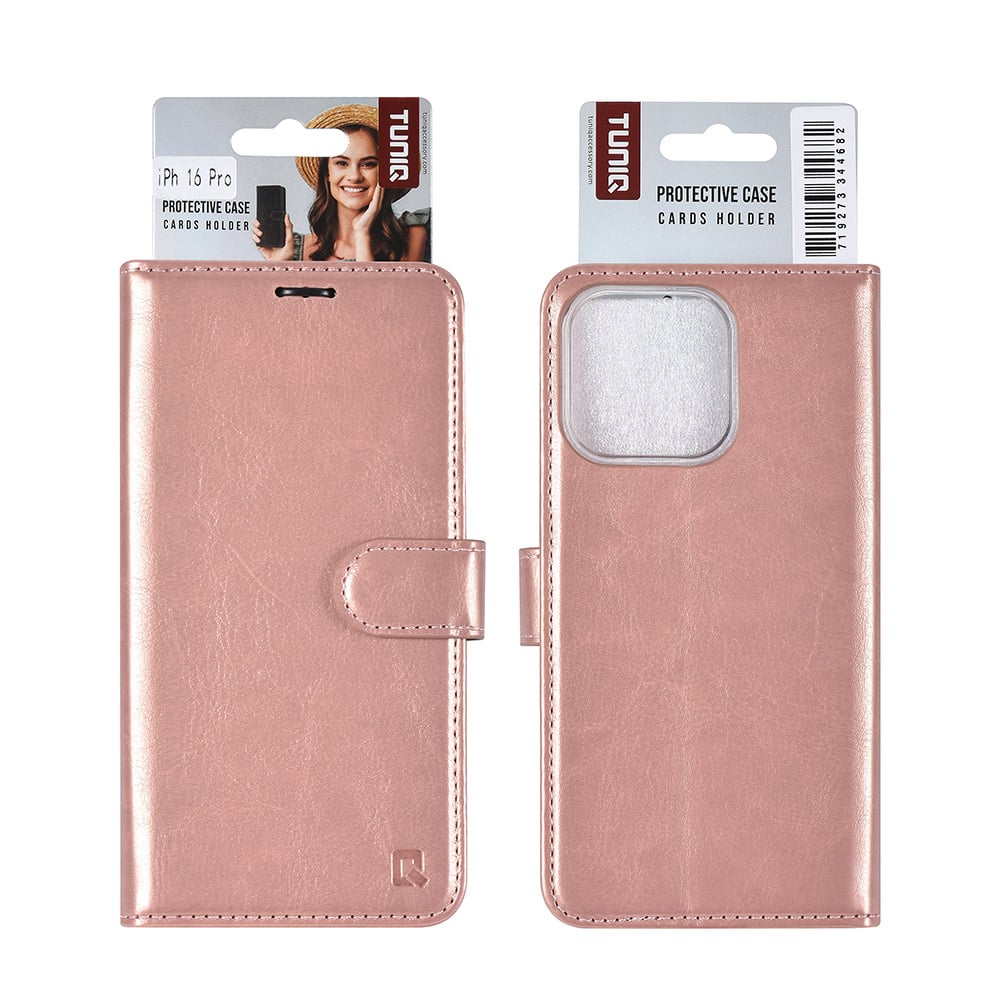 Tuniq iPhone 16 Pro - Θήκη Πορτοφόλι Stand από Δερματίνη - Rose Gold