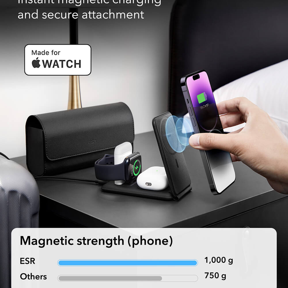 ESR Premium 3in1 Travel Ασύρματος Μαγνητικός Φορτιστής MagSafe 15W με Τσάντα Μεταφοράς - Black