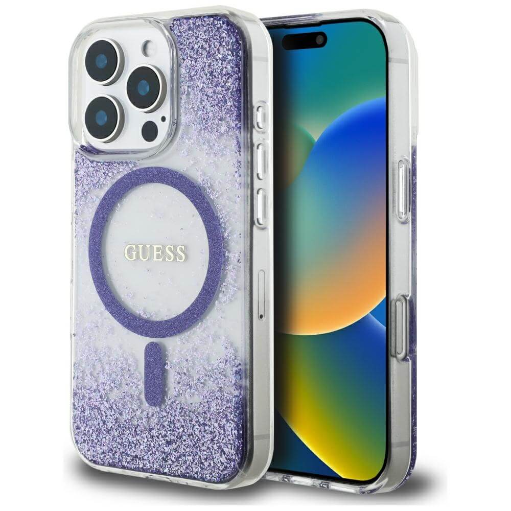 Guess iPhone 16 Pro Max - HC Resin Bottom Glitter - MagSafe Σκληρή Θήκη με Πλαίσιο Σιλικόνης - Purple - GUHMP16XRGRGEU