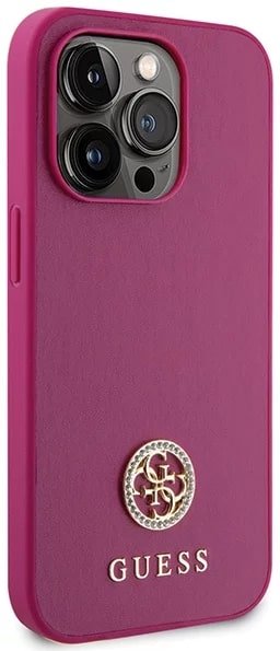 Guess iPhone 15 Pro 4G Strass Metal Logo Θήκη με Επένδυση Συνθετικού Δέρματος - Pink - GUHCP15LPS4DGPP