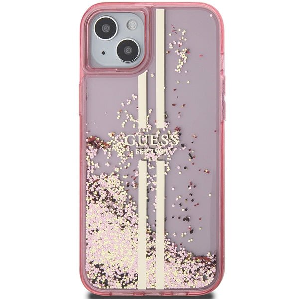 Guess iPhone 15 Plus Liquid Glitter Gold Stripes Σκληρή Θήκη με Πλαίσιο Σιλικόνης - Pink - GUHCP15MLFCSEGP