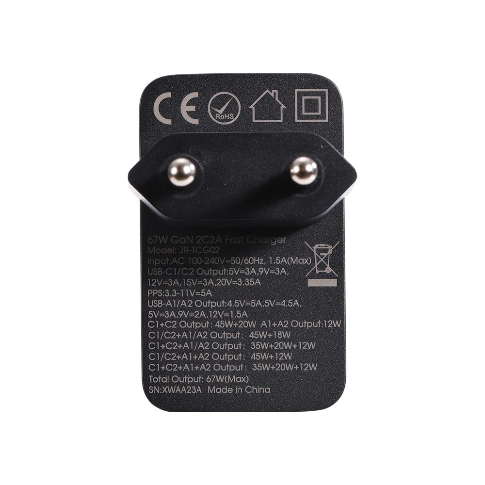 JOYROOM JR - TCG02 GAN 67W Οικιακός Φορτιστής Γρήγορης Φόρτισης με 2 Θύρες Type - C και 2 Θύρες USB και Καλώδιο Type - C to Type - C 100W - Black