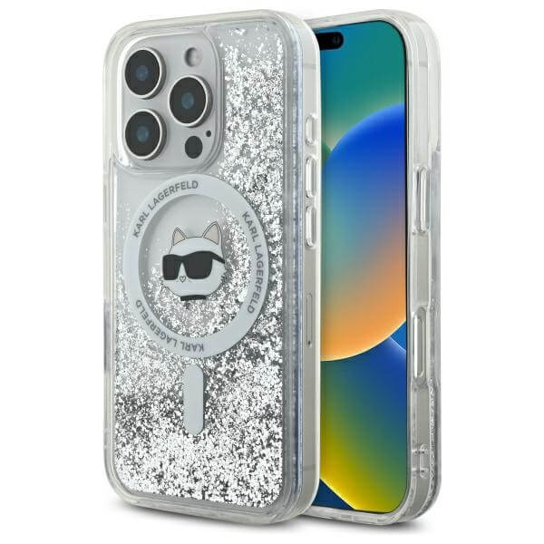 Karl Lagerfeld iPhone 16 Pro Max - Liquid Glitter Choupette Head - MagSafe Σκληρή Θήκη με Πλαίσιο Σιλικόνης - Διάφανη - KLHMP16XLGCHSGH