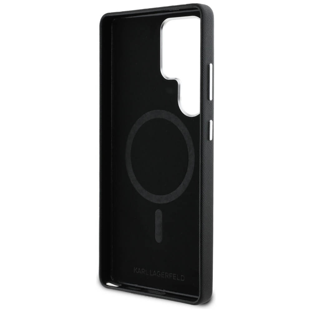 Karl Lagerfeld Samsung Galaxy S25 Ultra - Saffiano Full Wrapped Elongated Metal Logo - MagSafe Σκληρή Θήκη με Επένδυση Συνθετικού Δέρματος και Πλαίσιο Σιλικόνης - Black - KLHMS25LPSAFWMCK
