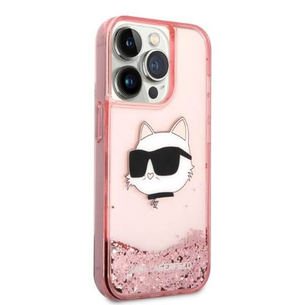 Karl Lagerfeld iPhone 14 Pro Max - Liquid Glitter Choupette's Head Σκληρή Θήκη με Πλαίσιο Σιλικόνης - Pink - KLHCP14XLNCHCP