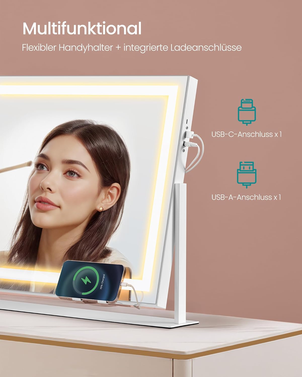 Songmics Επιτραπέζιος Καθρέφτης Μακιγιάζ με Φωτισμό LED και Διακόπτη Αφής - Matte White - LWM002W02