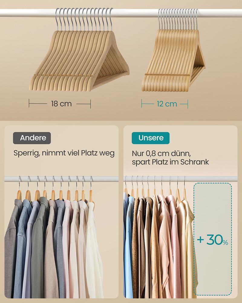 Songmics Σετ με 30 Ξύλινες Κρεμάστρες Ρούχων - Natural - CRW030K01