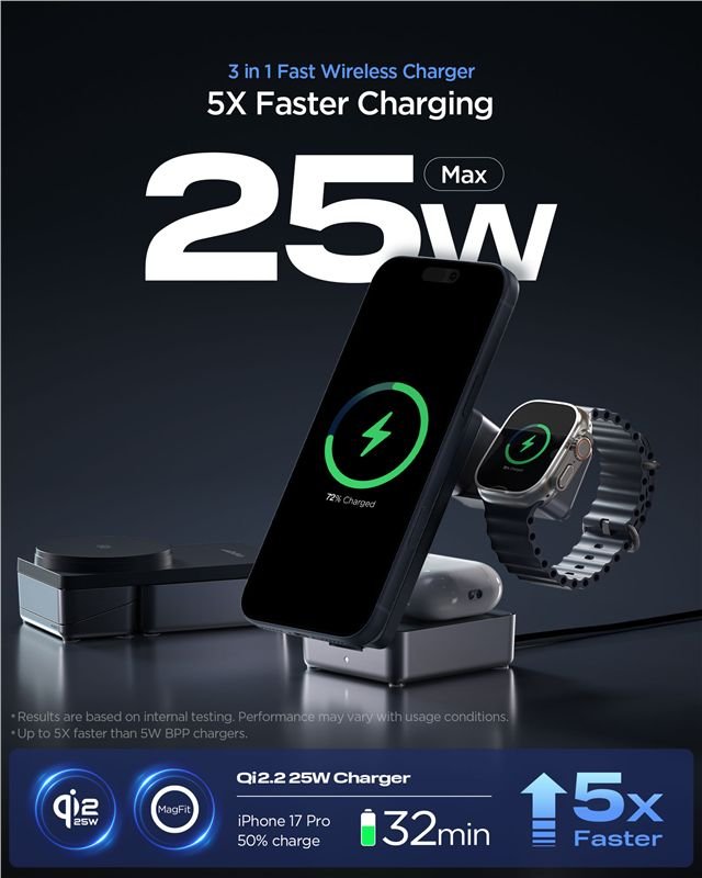 Spigen 3in1 Μαγνητικός Ασύρματος Φορτιστής MagSafe 25W Qi2.2 - ESSENTIAL EF323MQ - Black