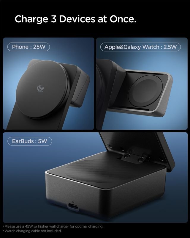 Spigen 3in1 Μαγνητικός Ασύρματος Φορτιστής MagSafe 25W Qi2.2 - ESSENTIAL EF323MQ - Black