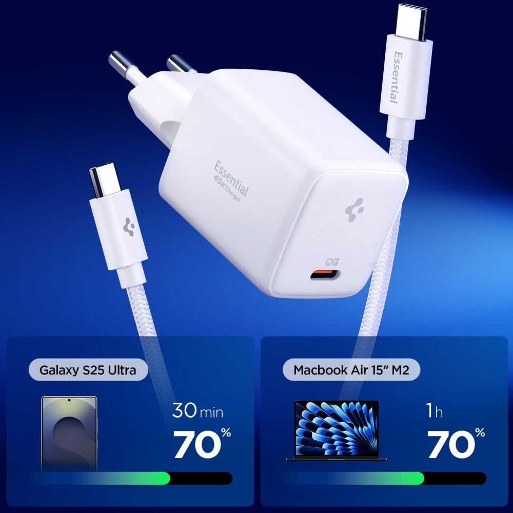 Spigen Οικιακός Φορτιστής Γρήγορης Φόρτισης 45W με 1 Θύρα Type - C και Καλώδιο Type - C to Type - C - EE451EU Essential - White
