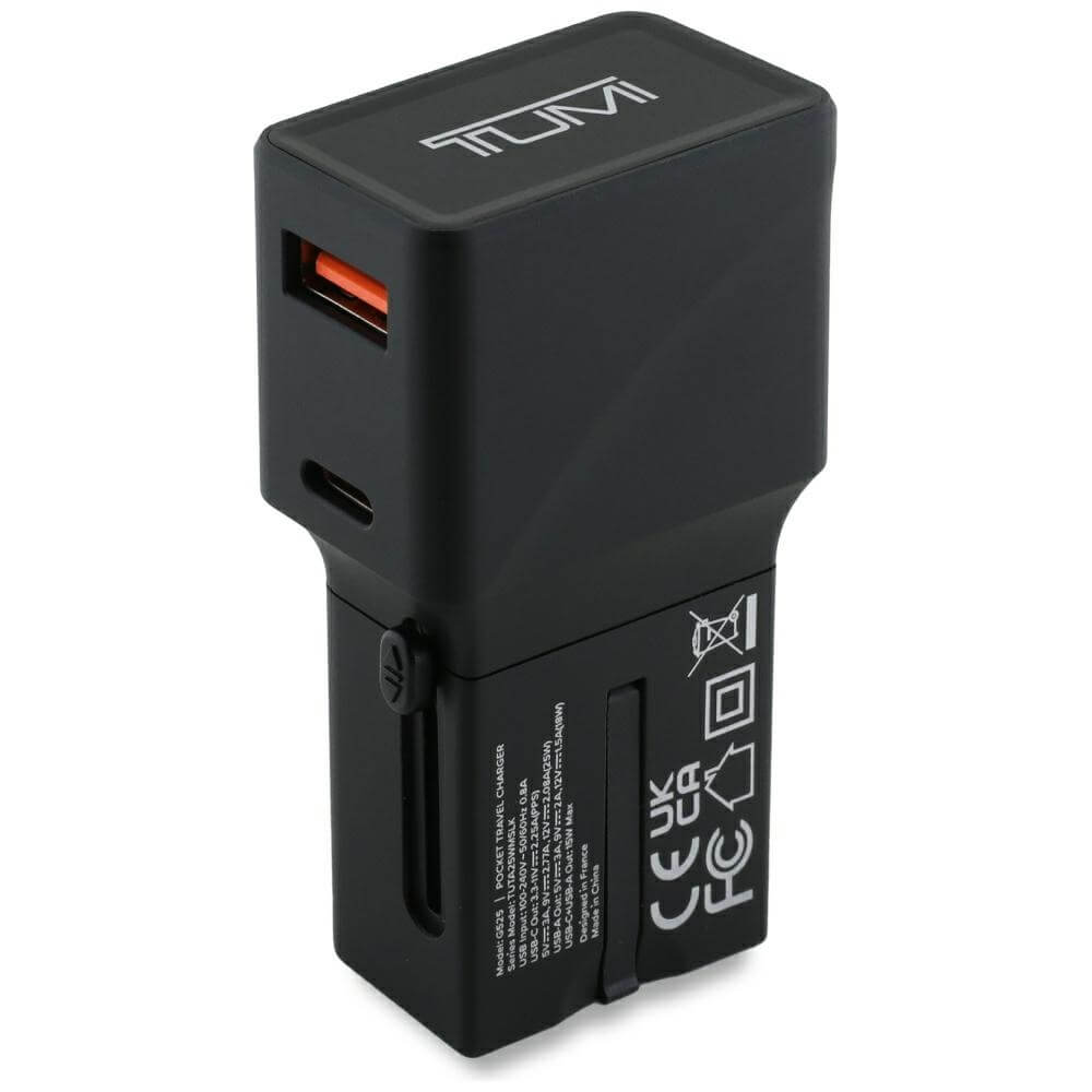 Tumi Travel Adapter 25W Φορτιστής Ταξιδίου με 1 Θύρα Type - C και 1 Θύρα USB και Καλώδιο Type - C to Type - C - Black