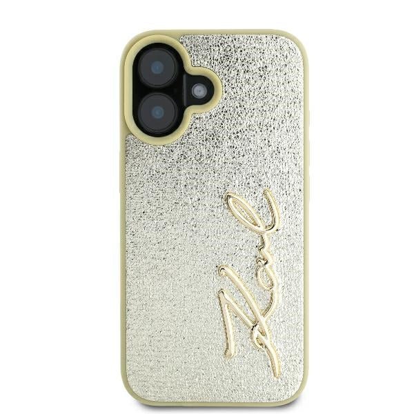 Karl Lagerfeld iPhone 16 - Metal Signature - Σκληρή Θήκη με Πλαίσιο Σιλικόνης και Επένδυση Συνθετικού Δέρματος - Gold - KLHCP16SPFMFBKMD