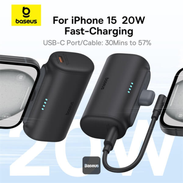 Baseus Compact Series Type - C - PowerBank 5000mAh 20W με Καλώδιο Type - C to Type - C - Black - P10068306113 - 00