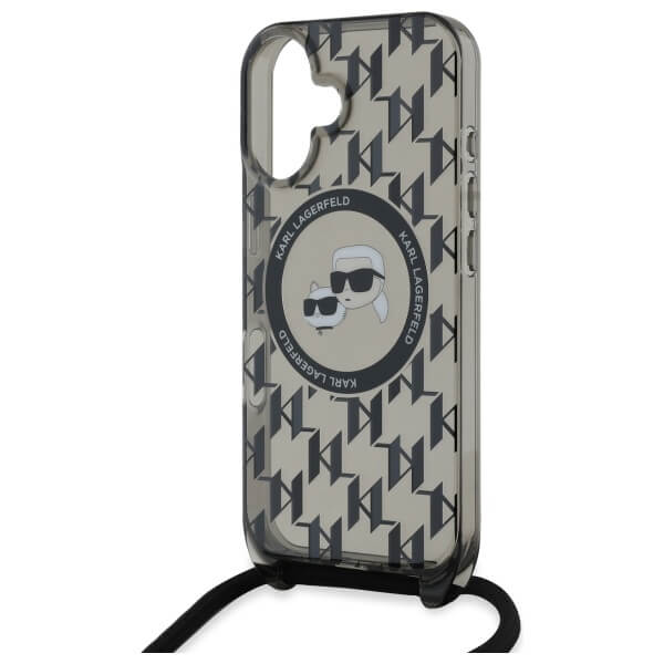 Karl Lagerfeld iPhone 16 - IML Crossbody Monogram Karl and Choupette Head - MagSafe Σκληρή Θήκη με Πλαίσιο Σιλικόνης και Λουράκι - Black - KLHMP16SHCKCKLCK
