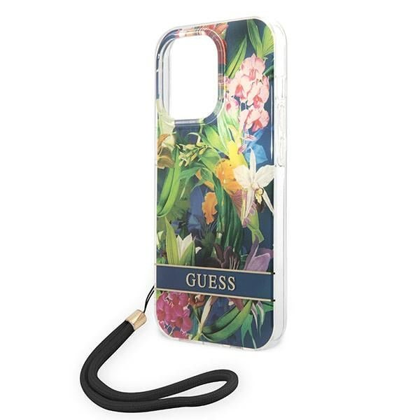 Guess iPhone 14 Pro Max Flower Strap Σκληρή Θήκη με Πλαίσιο Σιλικόνης και Λουράκι - Blue - GUOHCP14XHFLSB