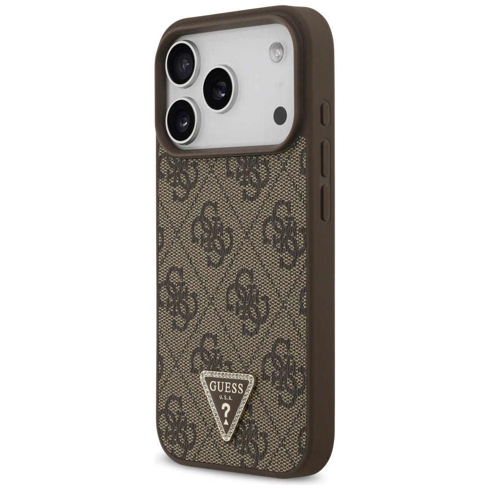 Guess iPhone 17 Pro - 4G Triangle Strass MagSafe - Σκληρή Θήκη με Επένδυση Συνθετικού Δέρματος - Brown - GUHMP17LP4TDPLW