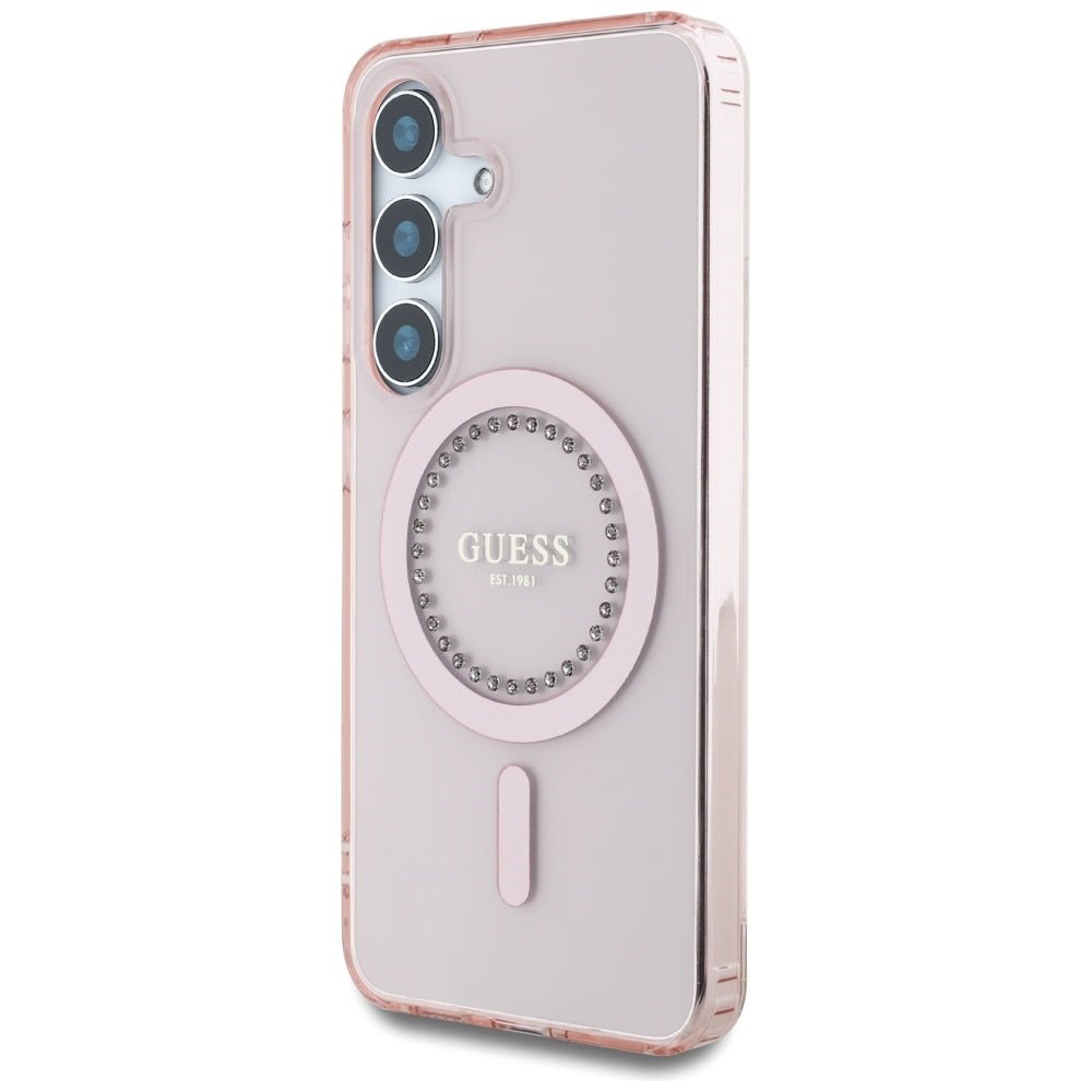 Guess Samsung Galaxy S25 - Rhinestones Printed Classic Logo - MagSafe Σκληρή Θήκη με Πλαίσιο Σιλικόνης - Pink - GUHMS25SPFTDTEP