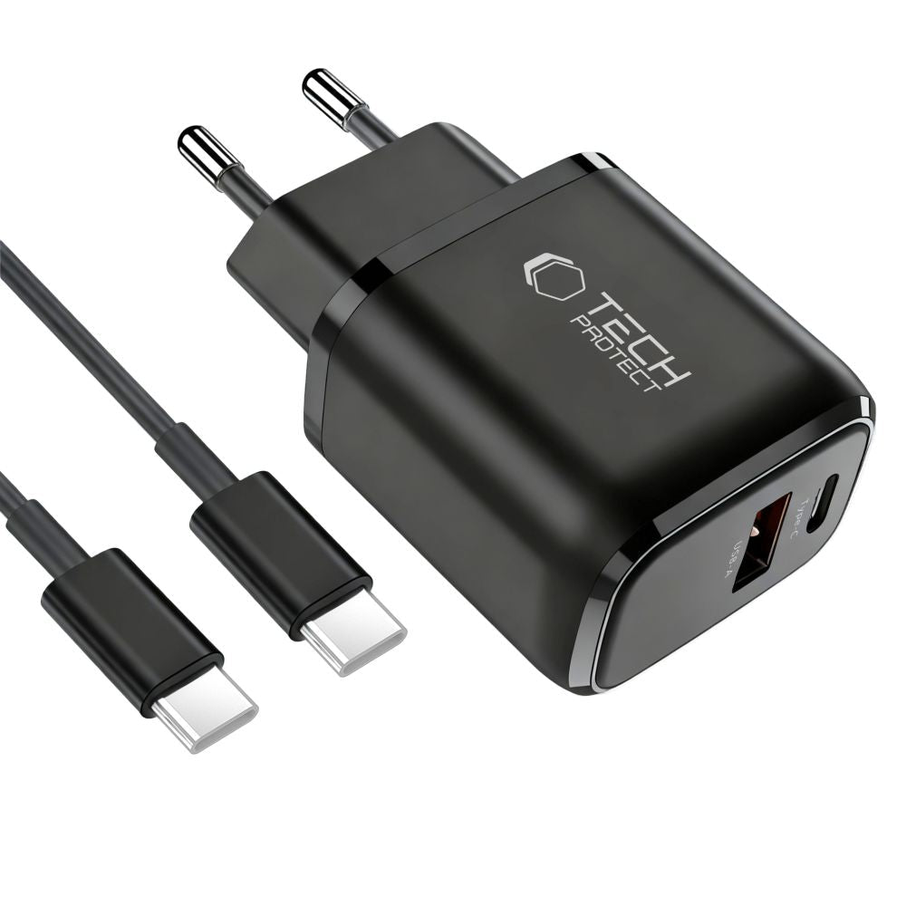 Tech - Protect Φορτιστής Γρήγορης Φόρτισης με 1 Θύρα Type - C και 1 Θύρα USB και Καλώδιο Type - C - NCA45W - GAN - Black