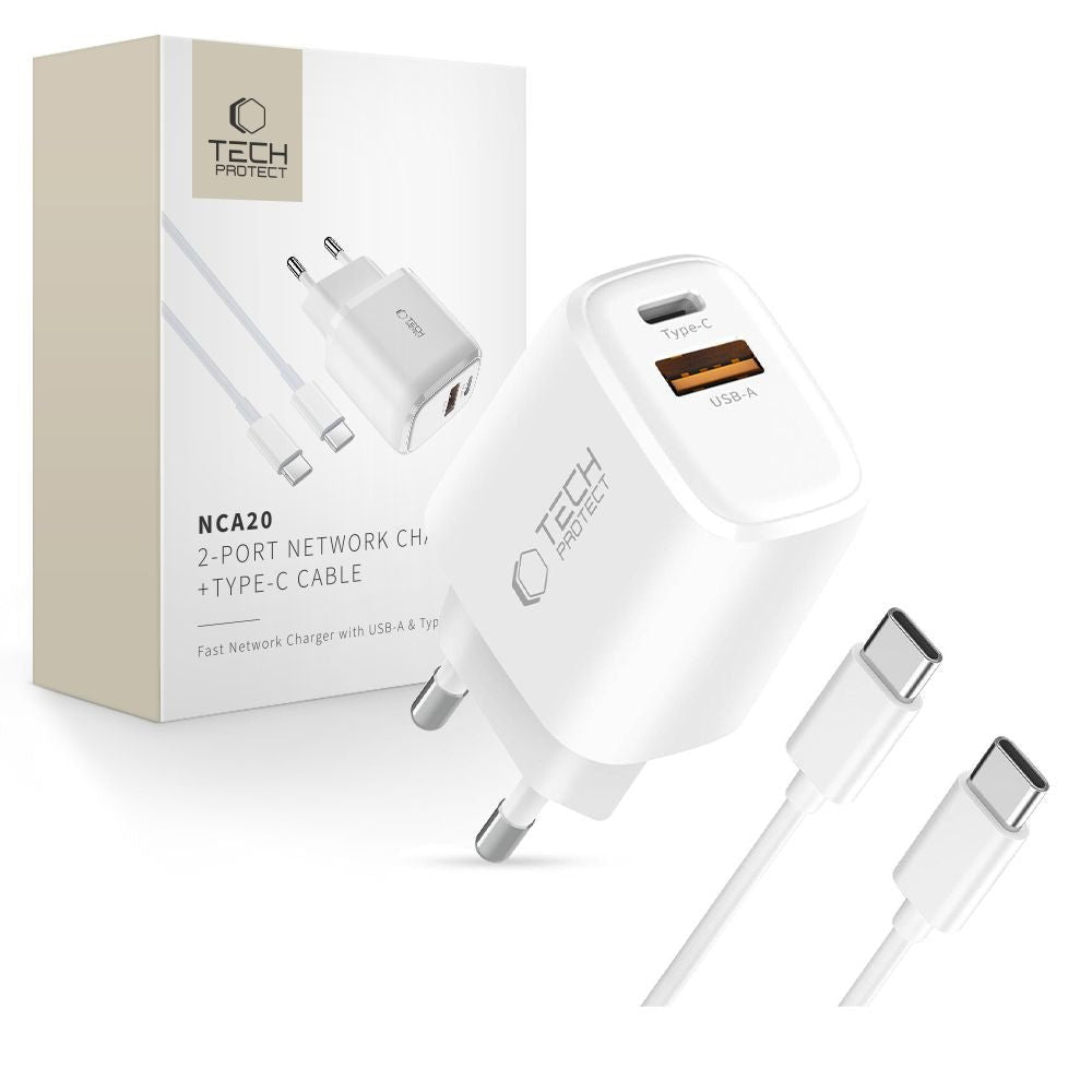 Tech - Protect Φορτιστής Γρήγορης Φόρτισης με 1 Θύρα Type - C και 1 Θύρα USB και Καλώδιο Type - C PD 20W QC3.0 - NCA20 - White