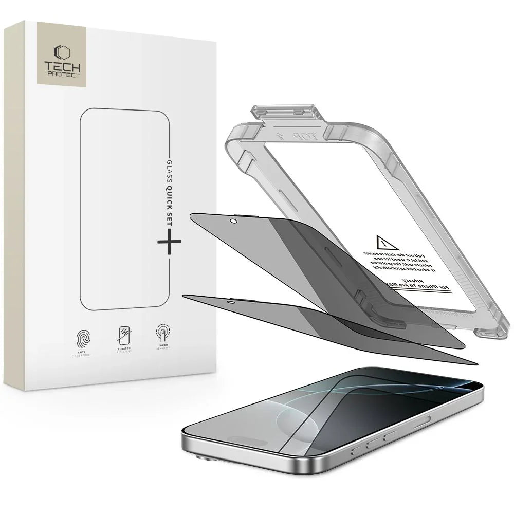Tech - Protect iPhone 16 Pro Max - Quick Set Spy+ - Σετ με 2 Full Screen Αντιχαρακτικά Γυαλιά Οθόνης με Οδηγό Τοποθέτησης - Privacy