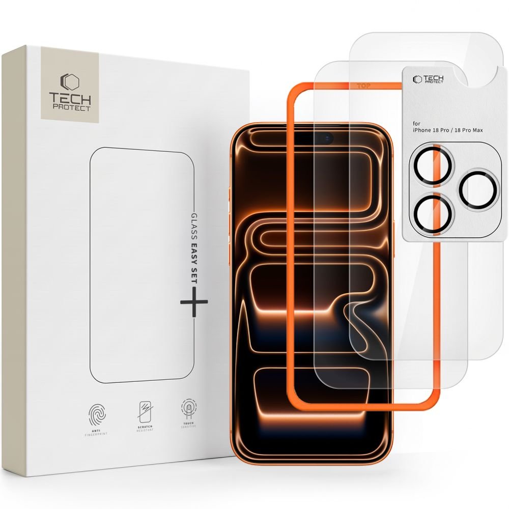 Tech-Protect iPhone 18 Pro Easy Set+ - Σετ με 2 Αντιχαρακτικά Γυαλιά Οθόνης με οδηγό και 1 Αντιχαρακτικό Γυαλί για την Κάμερα - Διάφανα