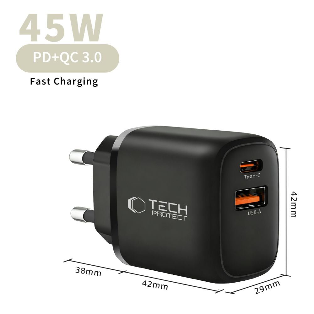 Tech - Protect Οικιακός Φορτιστής με 1 Θύρα USB και 1 Θύρα Type - C PD 45W QC3.0 - NCA45W - GAN - Black
