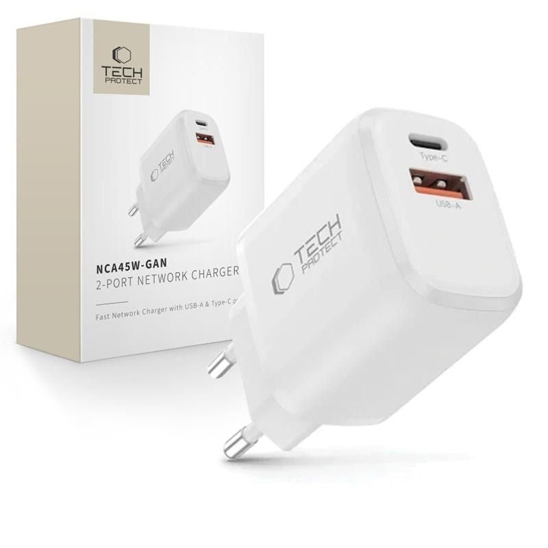 Tech - Protect Οικιακός Φορτιστής με 1 Θύρα USB και 1 Θύρα Type - C PD 45W QC3.0 - NCA45W - GAN - White