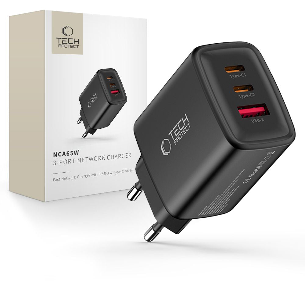 Tech - Protect Οικιακός Φορτιστής με 1 Θύρα USB και 2 Θύρες Type - C PD 65W QC3.0 - NCA65W - GAN - Black
