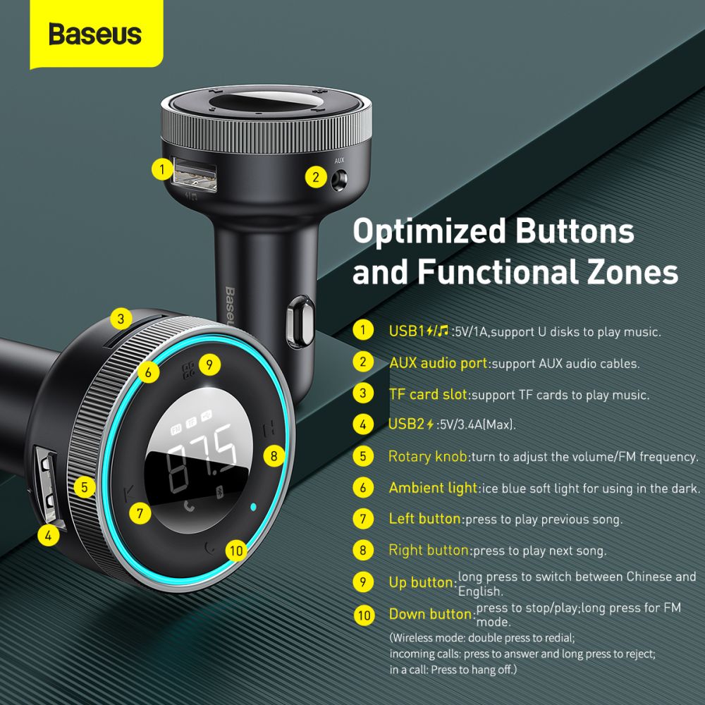 Baseus CCLH - 01 Car Charger and FM Transmitter 2xUSB QC3.0 για Αναπαραγωγή Μουσικής / Φόρτιση Κινητών στο Αυτοκίνητο - Black