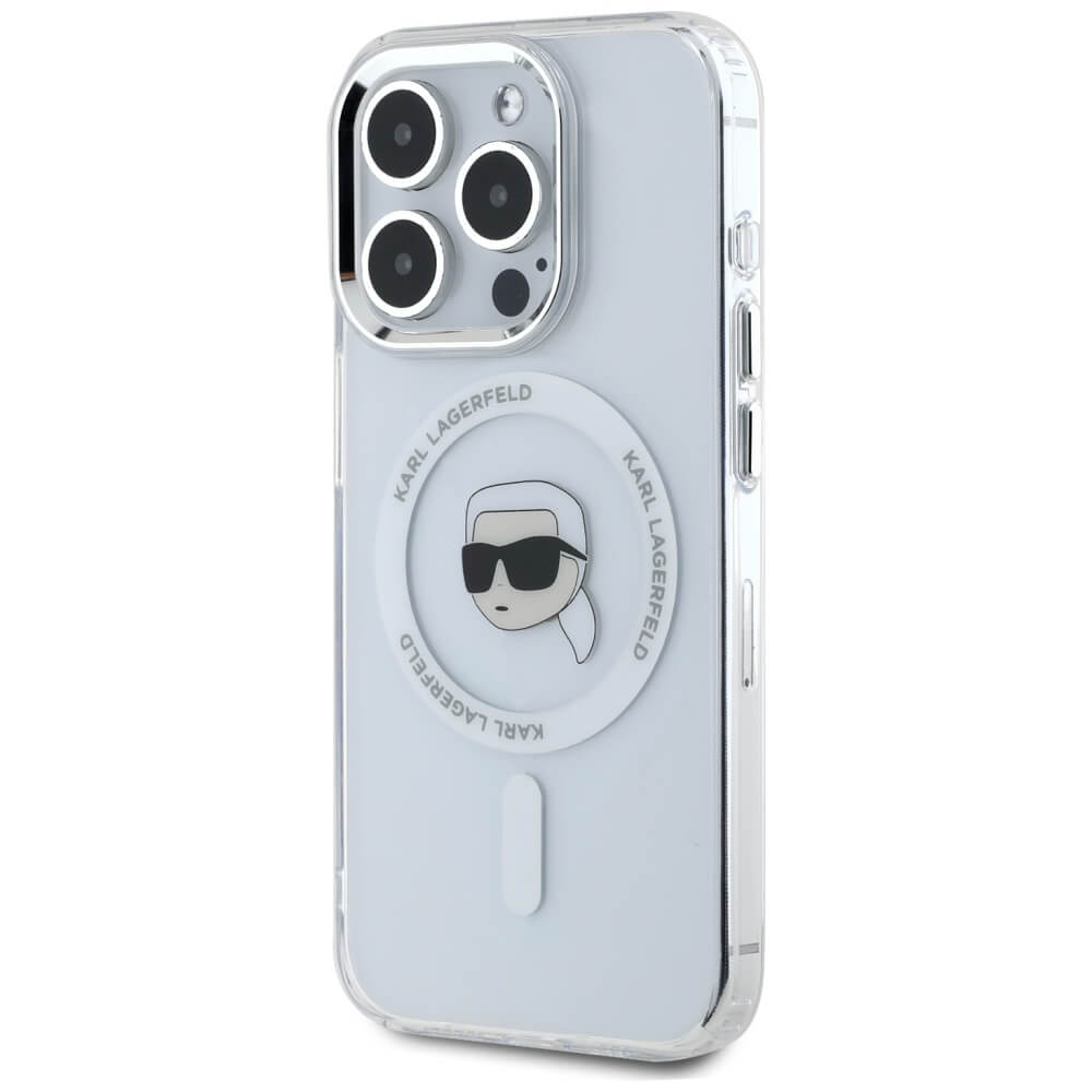 Karl Lagerfeld iPhone 15 Pro - IML Metal Karl Head - MagSafe Σκληρή Θήκη με Πλαίσιο Σιλικόνης - White - KLHMP15LHLSKIH