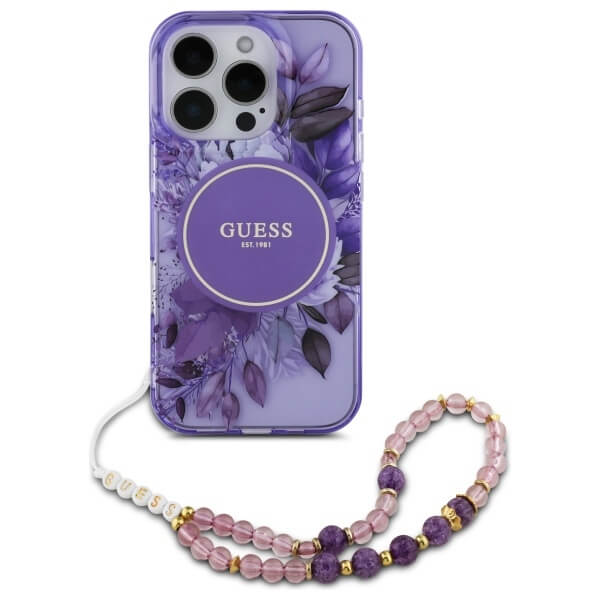 Guess iPhone 16 Pro - IML Flowers With Pearl Strap MagSafe - Σκληρή Θήκη με Πλαίσιο Σιλικόνης και Λουράκι - Purple - GUHMP16LHFWBRCESU