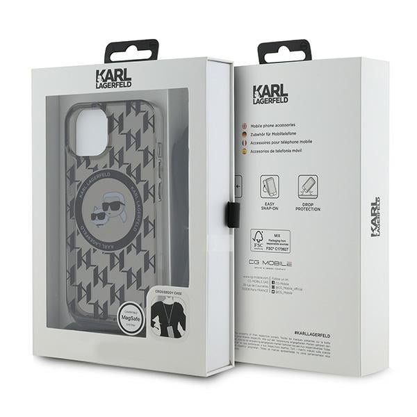 Karl Lagerfeld iPhone 15 / 14 / 13 - IML Crossbody Monogram Karl and Choupette Head - MagSafe Σκληρή Θήκη με Πλαίσιο Σιλικόνης και Λουράκι - Black - KLHMP15SHCKCKLCK