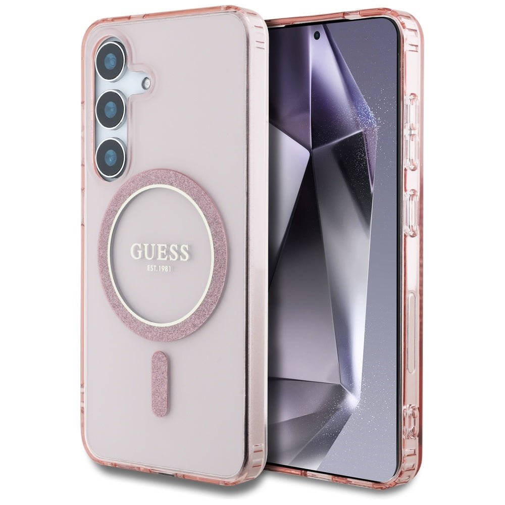 Guess Samsung Galaxy S25 - Glitter Circle Classic Logo - MagSafe Σκληρή Θήκη με Πλαίσιο Σιλικόνης - Pink - GUHMS25SHFGEREP