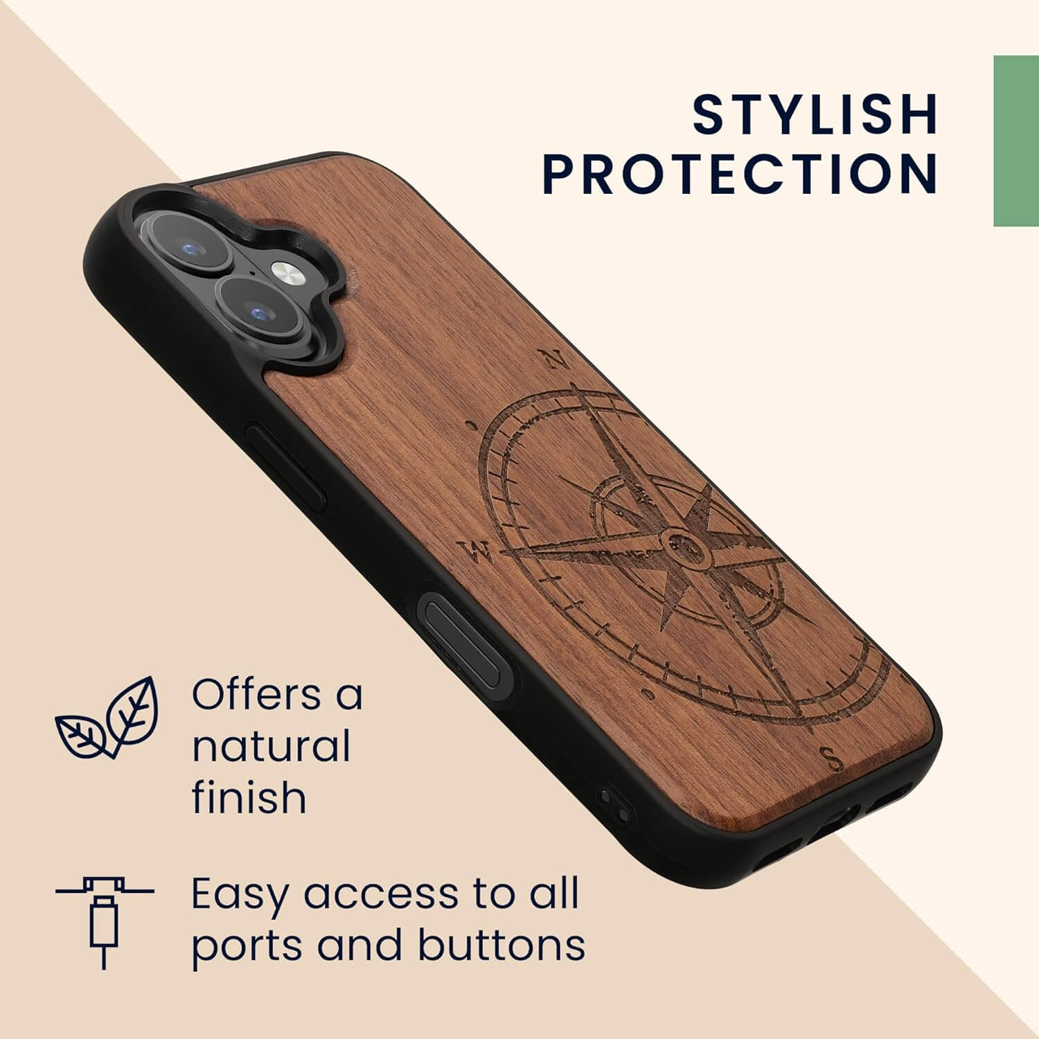 KW iPhone 16 Θήκη από Φυσικό Ξύλο - Design Vintage Compass - Dark Brown