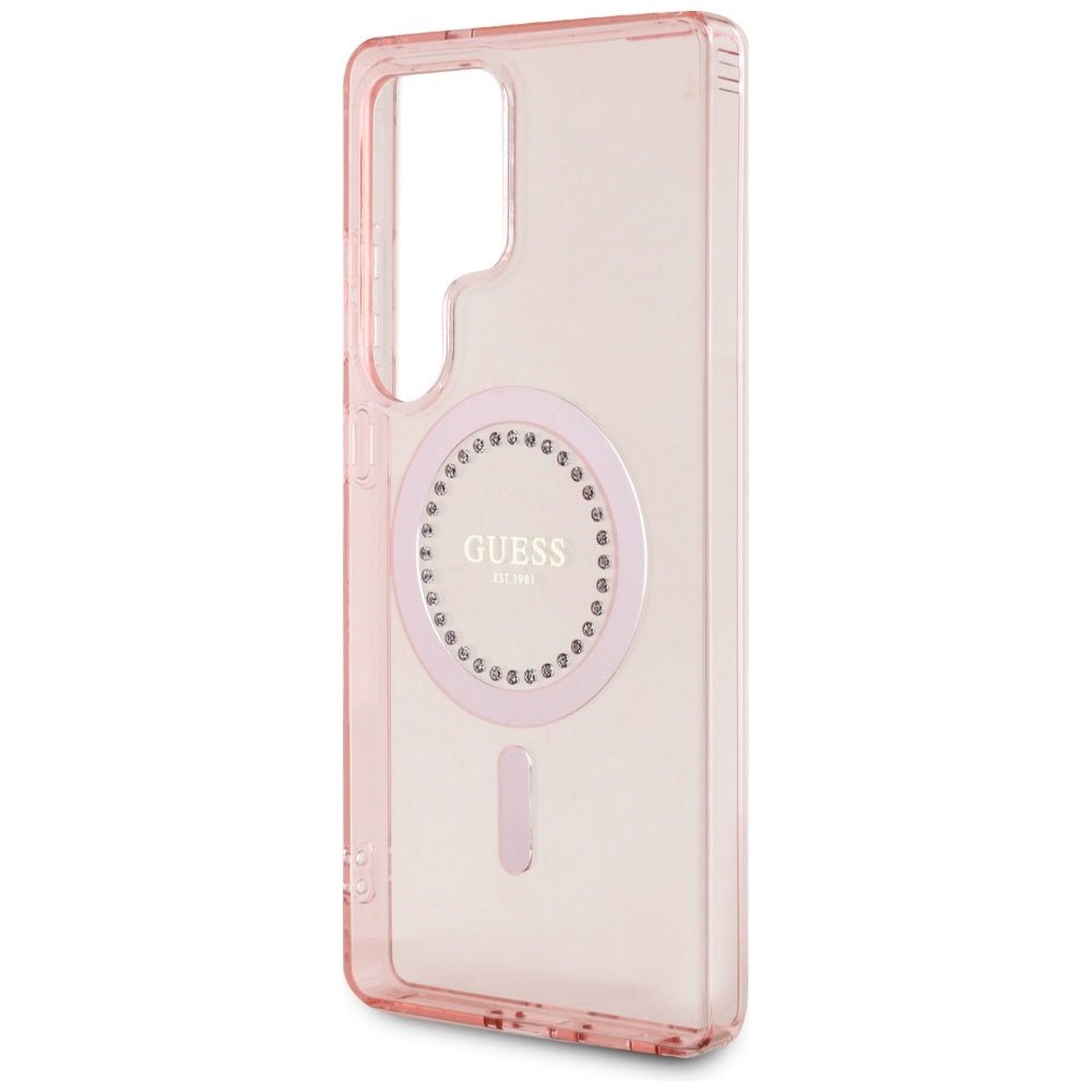 Guess Samsung Galaxy S25 Ultra - Rhinestones Printed Classic Logo - MagSafe Σκληρή Θήκη με Πλαίσιο Σιλικόνης - Pink - GUHMS25LPFTDTEP