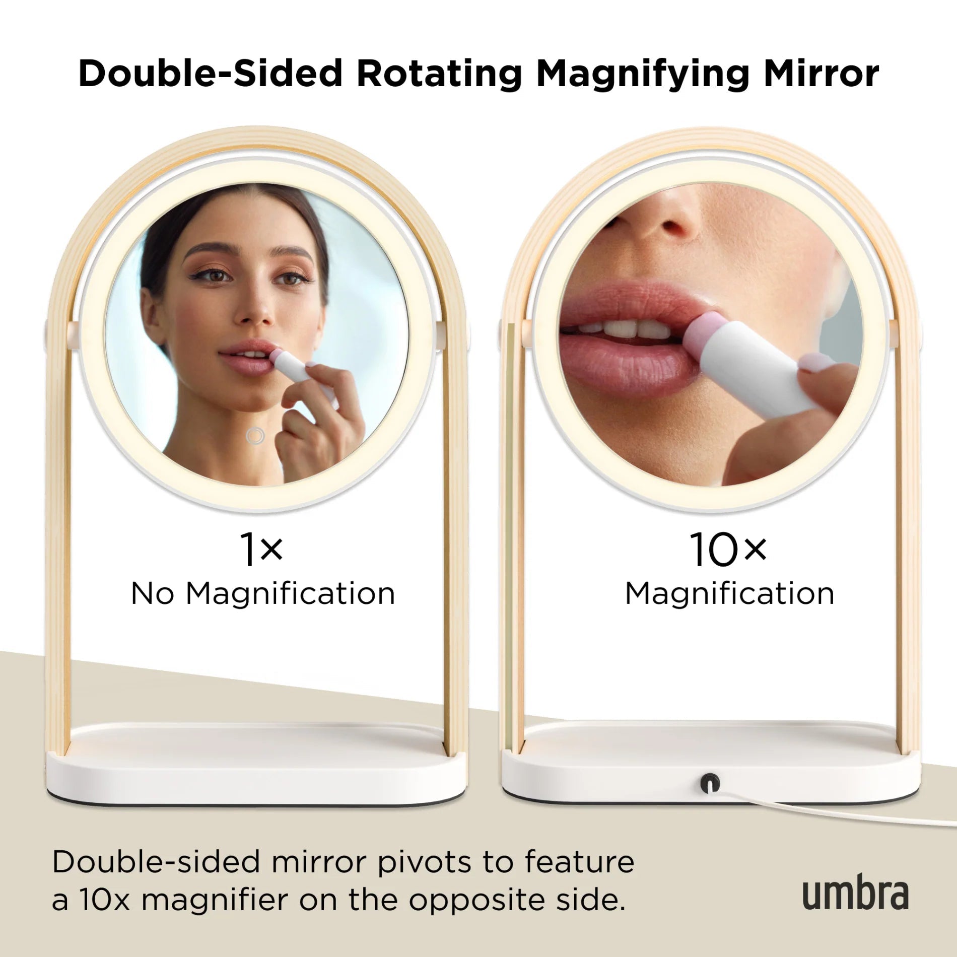 Umbra - Περιστρεφόμενος Φωτιζόμενος Καθρέπτης LED με Αισθητήρα Αφής και Μεγεθυντικό Καθρέπτη - Bellwood - White / Natural