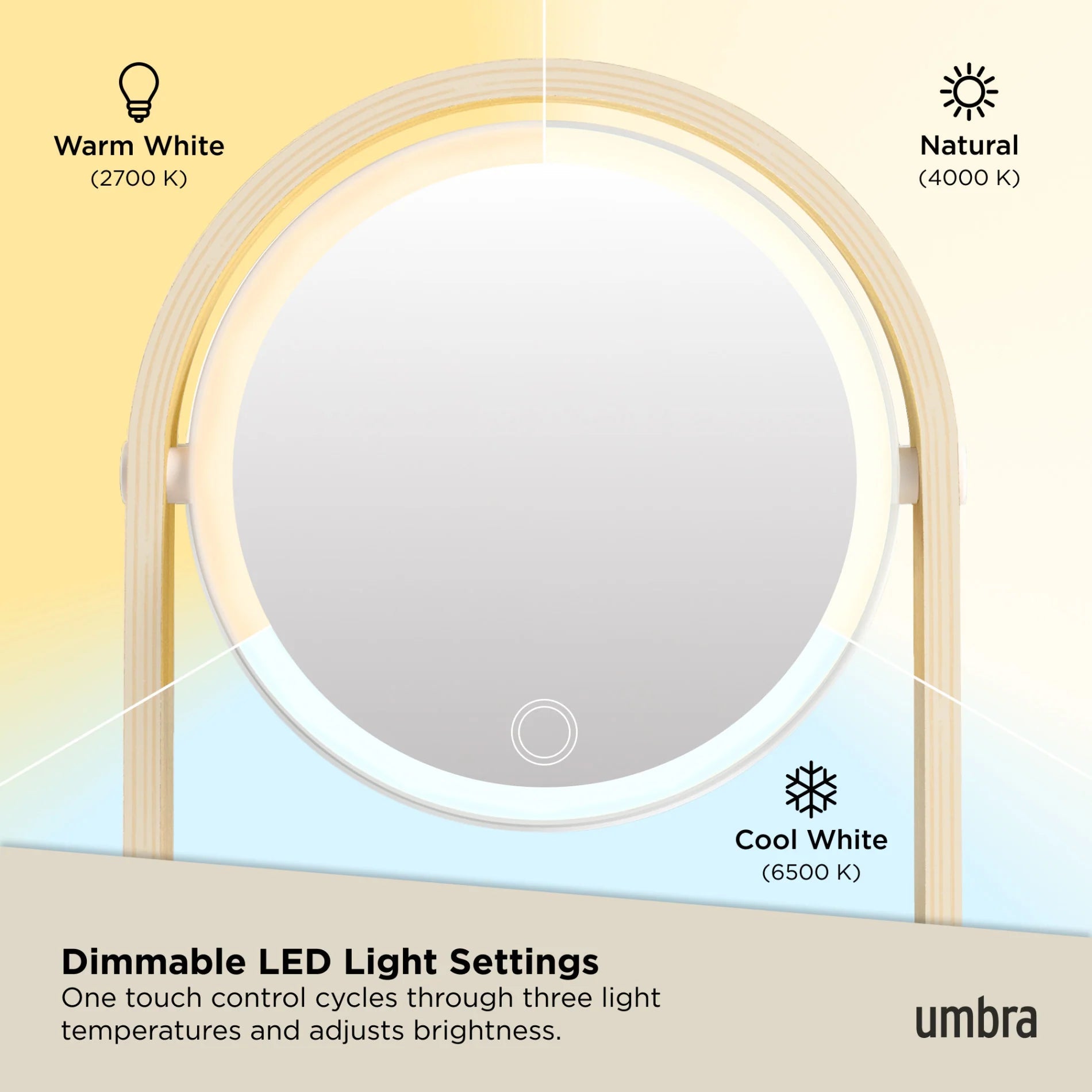 Umbra - Περιστρεφόμενος Φωτιζόμενος Καθρέπτης LED με Αισθητήρα Αφής και Μεγεθυντικό Καθρέπτη - Bellwood - White / Natural