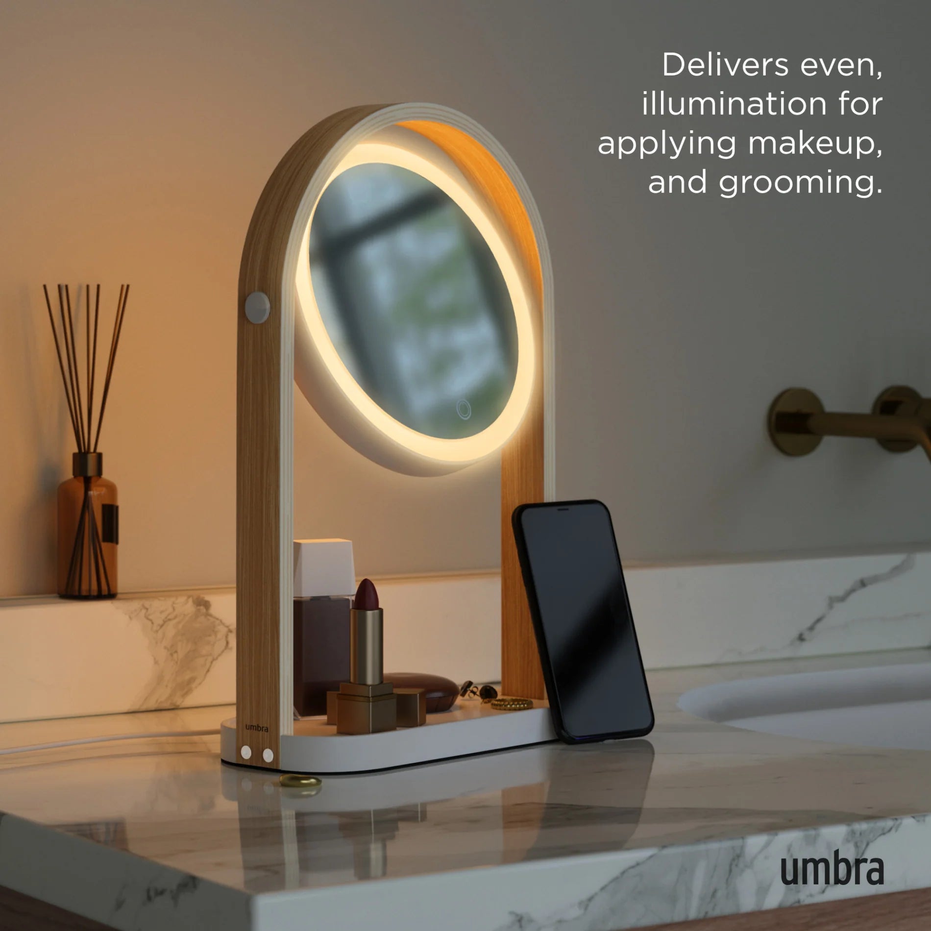 Umbra - Περιστρεφόμενος Φωτιζόμενος Καθρέπτης LED με Αισθητήρα Αφής και Μεγεθυντικό Καθρέπτη - Bellwood - White / Natural