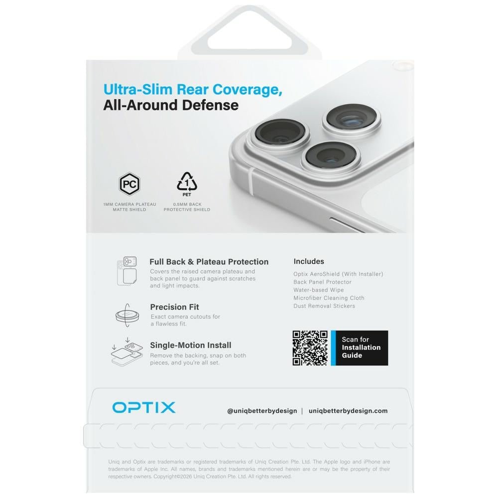 Uniq iPhone 17 Pro Max - Σετ με 1 Προστατευτικό Πλαισίου Κάμερας Χωρίς Προστασία Φακών και 1 Προστατευτικό για το Πίσω Μέρος Optix Aeroshield+ - Διάφανα
