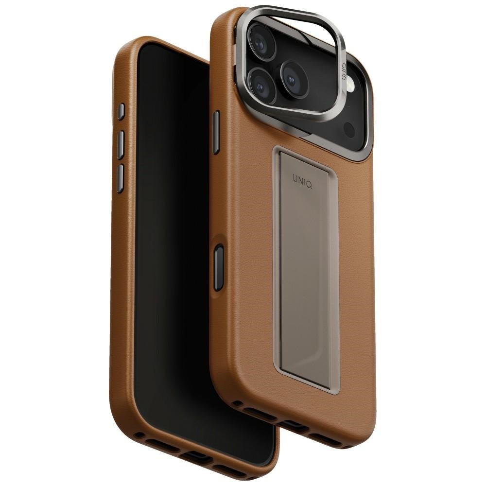Uniq iPhone 17 Pro Max - Σκληρή Θήκη με Επένδυση Οικολογικού Δέρματος με Eνσωματωμένη Λαβή FlexGrip και Stand - Heldro Pro Magclick - Caramel