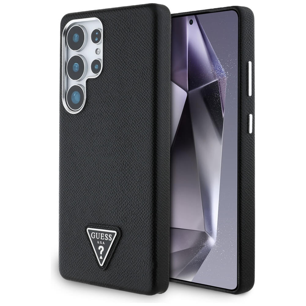Guess Samsung Galaxy S25 Ultra - Grained Triangle Logo - MagSafe Σκληρή Θήκη με Πλαίσιο Σιλικόνης και Συνθετικό Δέρμα - Black - GUHMS25LPGTSPSK