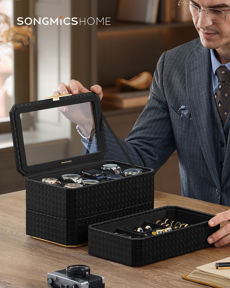 Songmics Κουτί Αποθήκευσης Κοσμημάτων και Pολογιών με 3 Επίπεδα - Ink Black - JWB021B01